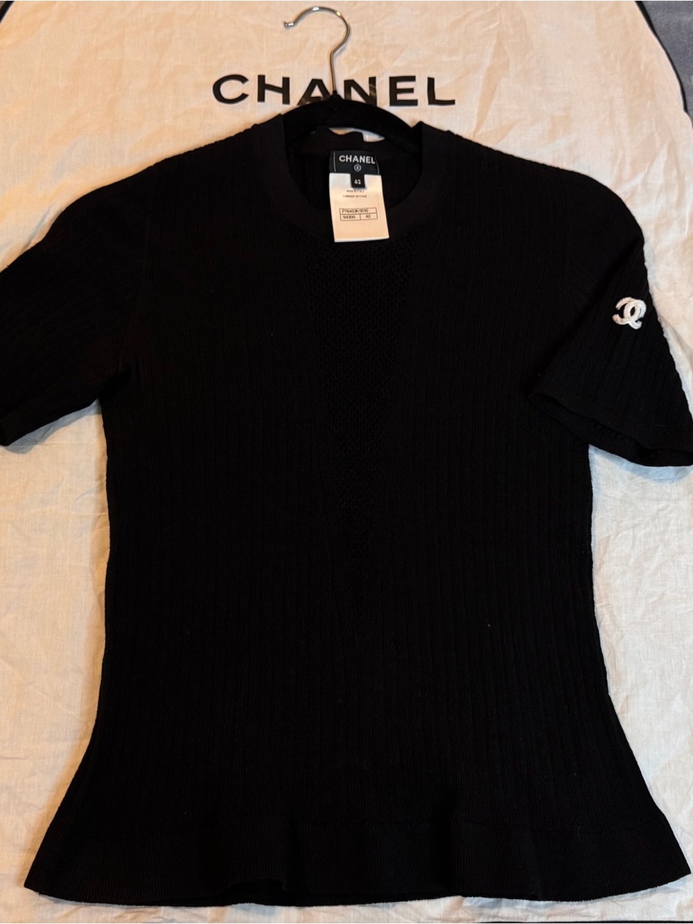 CHANEL Black Ribbed Short-Sleeve Crew Sweater